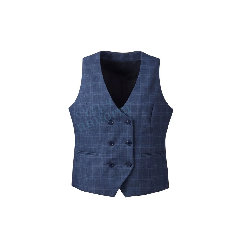 Women's Double-Breasted Blue Check Waistcoat