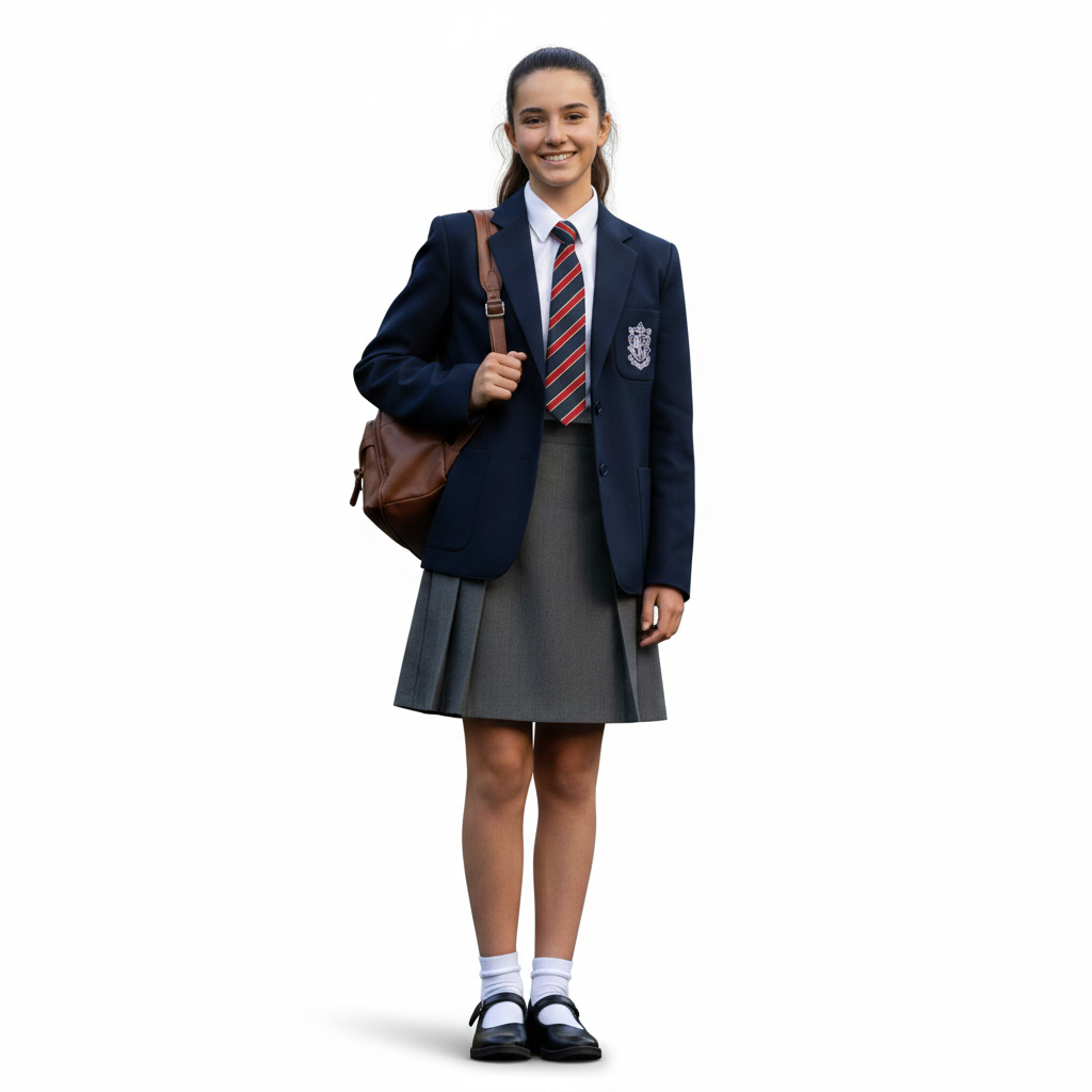Navy blue blazer, white shirt, and grey pleated skirt, with a striped tie