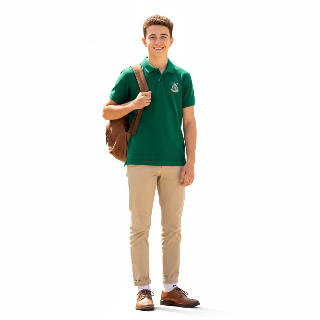 Green polo shirt with a school emblem, paired with beige chino trousers