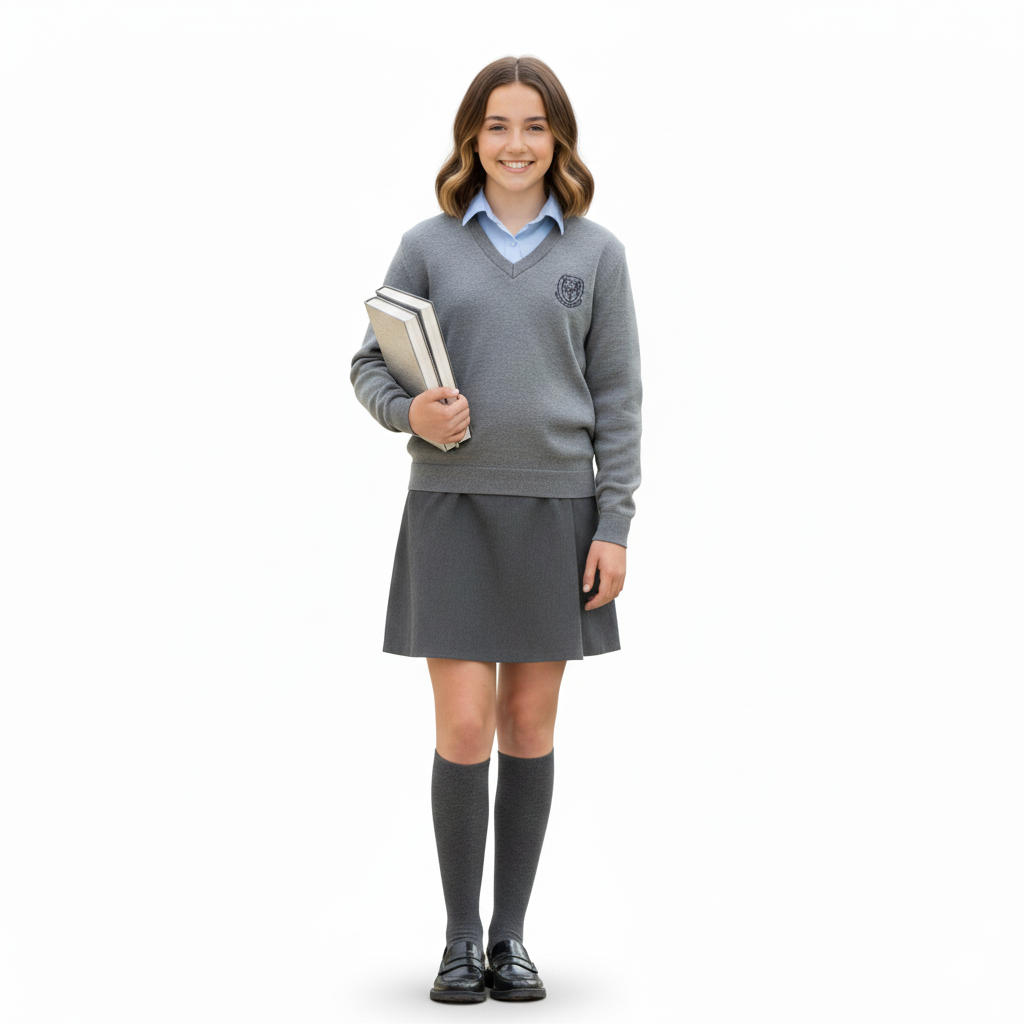 V-neck sweater over a light blue collared shirt, with a matching grey skirt and knee-high socks.