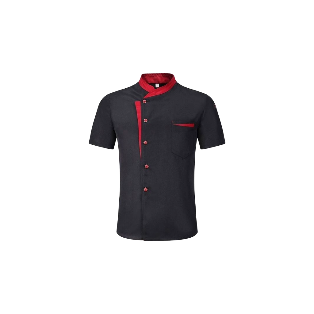 Modern Asymmetrical Chef Coat – Black with Red Trim